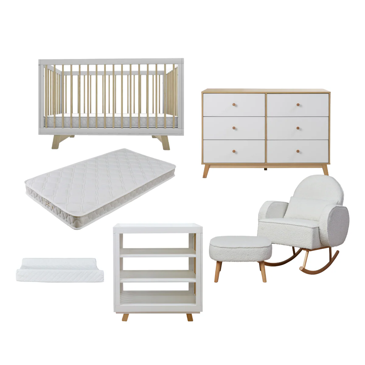 Aspen White Natural Seven Piece Nursery Furniture Set