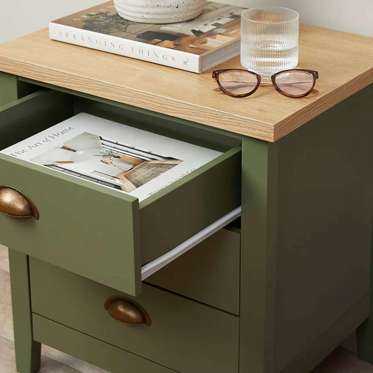 Hastings Three Drawer Bedside Table - Olive Green/Natural - Image 5